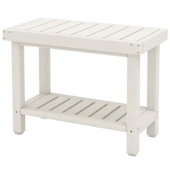 Costway 24" x 12" Heavy Duty Waterproof HDPE Shower Bench Stool with Storage Shelf White/Off White & Brown image {11}