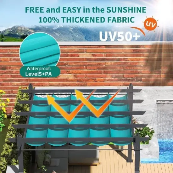 Retractable Outdoor Pergola, Weatherproof Aluminum Frame with Adjustable Blue Canopy & 4 White Curtains, Wood-Look Patio Shelter image {3}