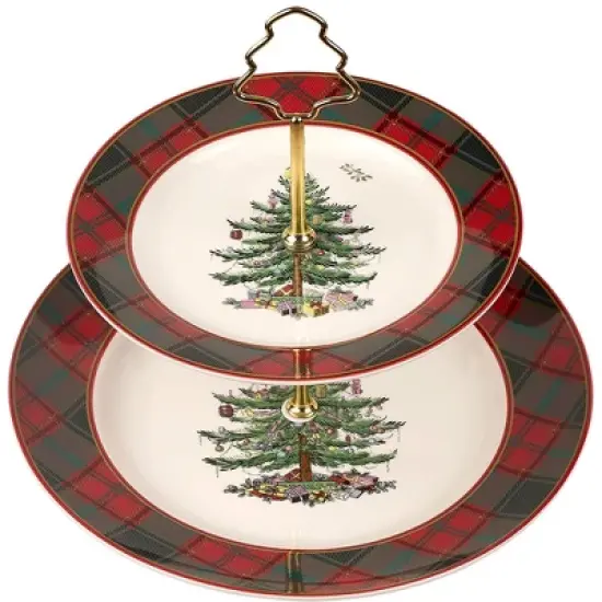 Spode Christmas Tree Tartan 2-Tiered Server, Holiday Cupcake Stand, Dessert Display Set, Earthenware Serving Platter, 10" & 8" Plates, Dishwasher Safe image {7}