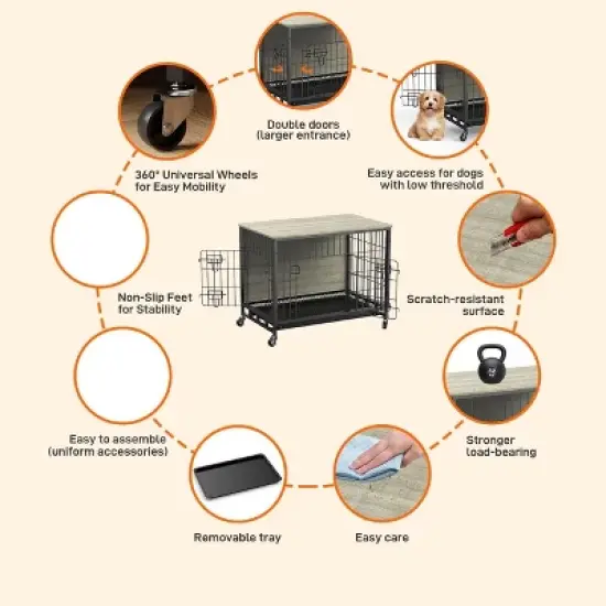 Dog Crate Furniture, 32.5 Inch Wooden Heavy-Duty Dog Kennel with Pull-Out Tray & Removable Wheels image {3}