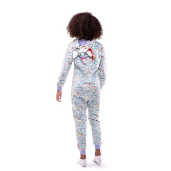 Sleep On It Girls Clouds & Rainbows Zip-Up Hooded Sleeper Pajama with Built Up 3D Character Hood image {3}
