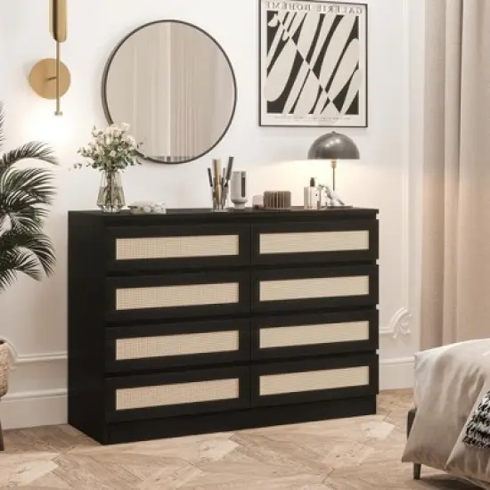 8 Drawer Double Dresser for Bedroom, Rattan Chest of Dressers, Modern Wooden Dresser Chest image {3}