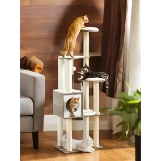 65-Inch Cat Tree for Indoor Cats - Modern Multi-Level Cat Tower with 5 Scratching Posts, Perch, and Washable Cushions - Cat Furniture by WoodyWonders image {1}