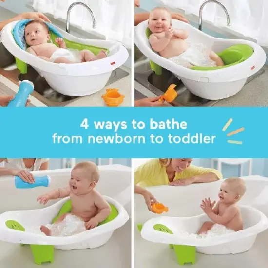 Fisher-Price Baby to Toddler Bath 4-in-1 Sling &lsquo;n Seat Tub with Removable Infant Support and 2 Toys, Green image {1}