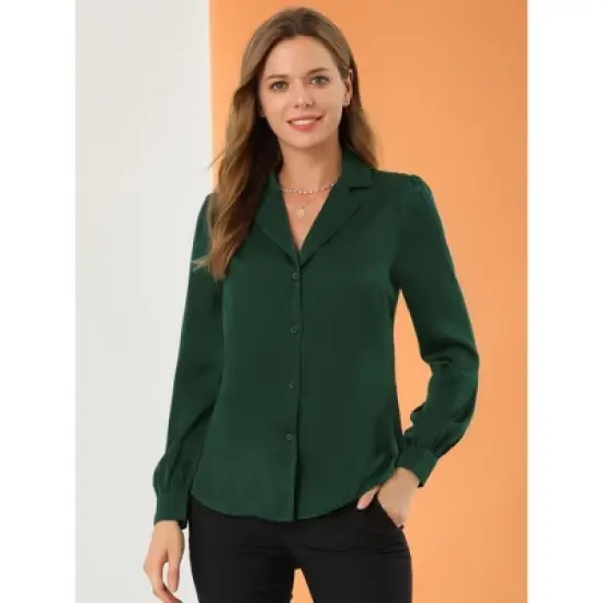 Allegra K Women's Elegant Collar V Neck Long Sleeve Work Office Satin Button Down Shirt image {1}
