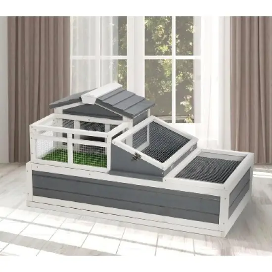 3-Room Tortoise Villa - Wooden Reptile Habitat w/ Pull-Out Tray, Ramp & Grass Mat, Open Roof for Indoor/Outdoor Use image {5}