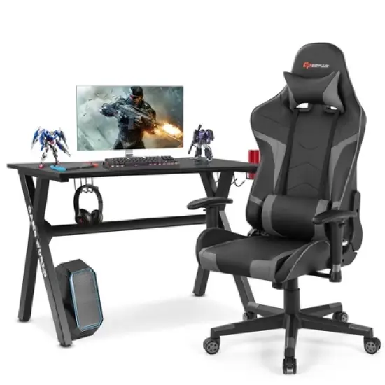 Costway X-Shaped Gaming Desk & Racing Style Massage Chair Set Home Office Black+White/Blue/Grey/Red image {11}