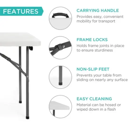 Best Choice Products 4ft Plastic Folding Table, Indoor Outdoor Heavy Duty Portable w/ Handle, Lock for Picnic - White image {3}