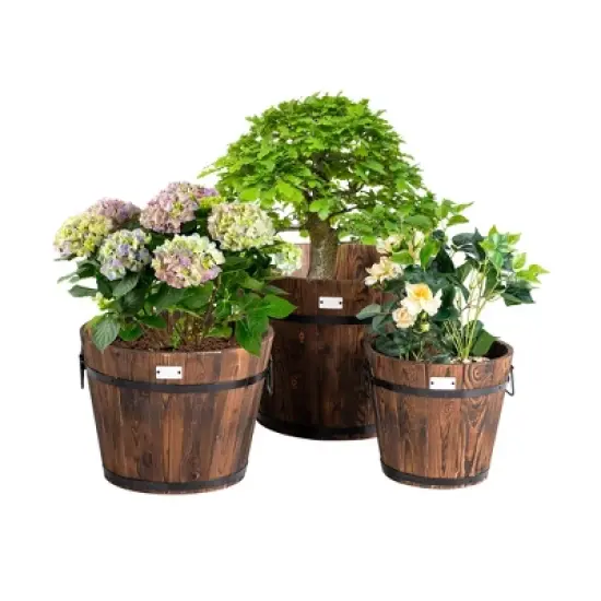 Costway 3 pcs Wooden Planter Barrel Set Decorative Flower Bed Multiple Size image {8}
