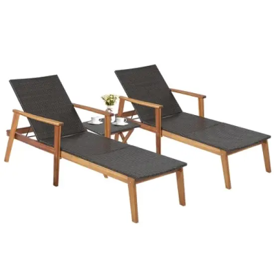 Tangkula 2PCS Patio Lounge Chair Adjustable Recliner Chair Acacia Wood Frame Folding Table Set image {9}
