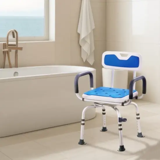 VEVOR Swivel Shower Chair 360 Degree, Adjustable Shower Seat with Armrests and Backrest for Inside Shower or Bathtub, 400lbs Capacity, White+Blue image {1}