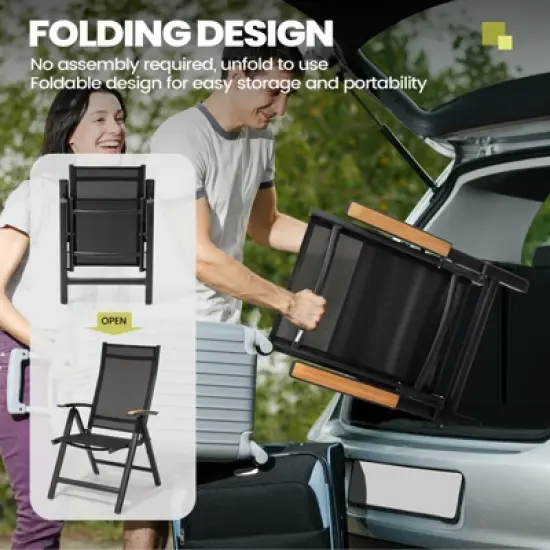 Crestlive Products 7pc Outdoor Dining set Patio Rectangle Table with Folding Chairs Aluminum Frame with Wood-Like Tabletop and Umbrella Hole image {4}