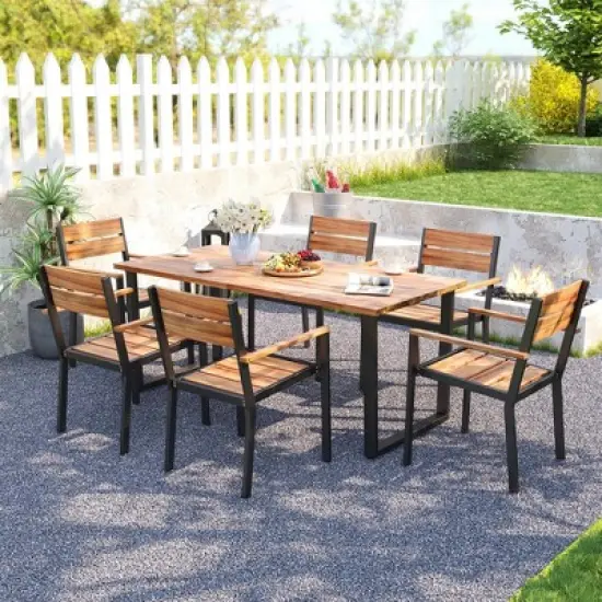 Costway 7 PCS Acacia Wood Patio Dining Set 6 Armchairs and 69" Table with 2" Umbrella Hole image {10}