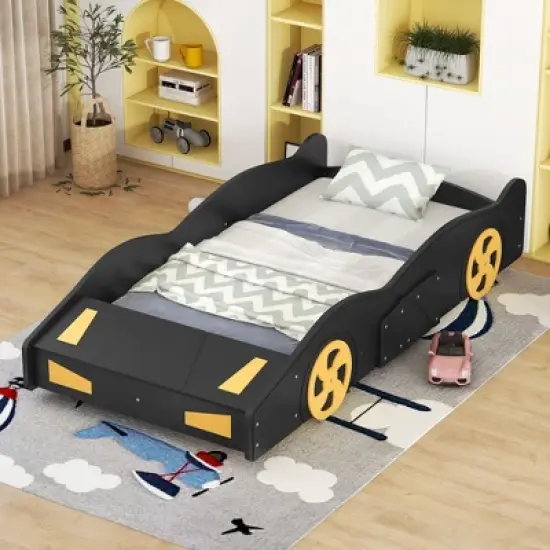 Okak Platform Bed Frame with Wheels and Storage Race Car-Shaped for Kids Noise-Free Bed Strong Wood Slats Easy Assembly image {5}