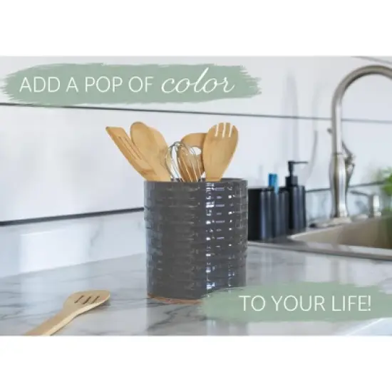 Elanze Designs Embossed Subway Tile Ceramic Stoneware Cork Bottom Kitchen Utensil Holder, Grey image {4}