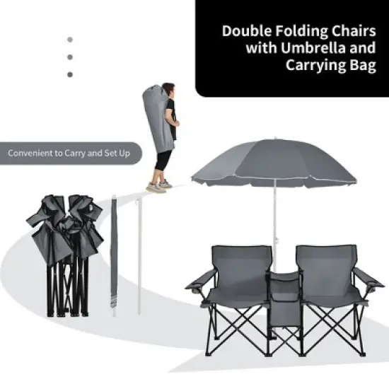 Portable Folding Picnic Double Chair W/Umbrella Table Cooler Beach Camping Turquoise\Black\Red\Gray image {4}