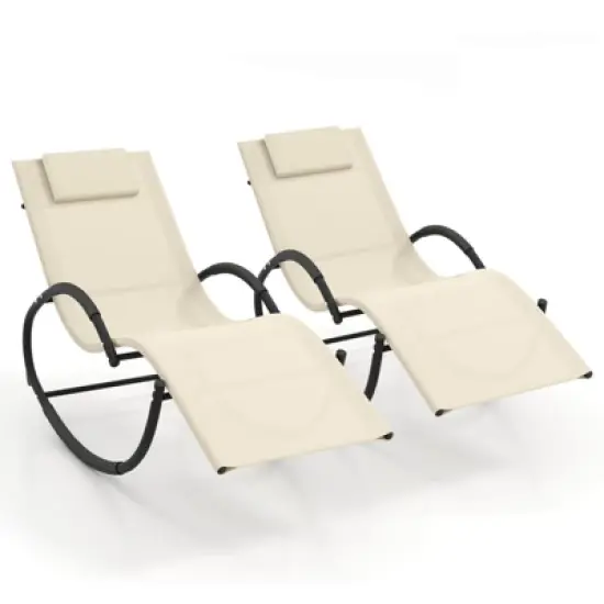 Costway 1/2 PCS Outdoor Rocking Lounge Chair with Removable Headrest Breathable Backrest & Seat Beige image {11}