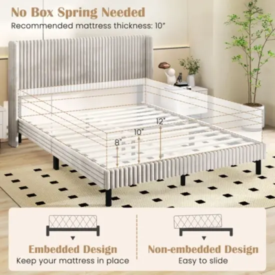 Costway Queen Size Velvet Bed Frame Upholstered Platform Bed with Wingback Headboard image {9}