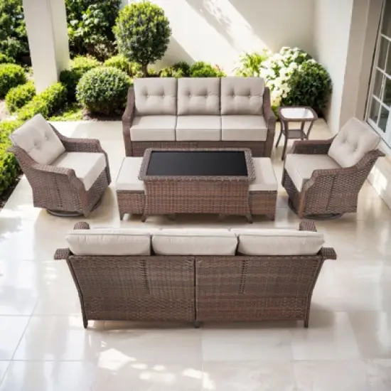 POCASSY 6 Inch Thick Cushion Patio Furniture Set with Swivel Glider Chairs, 8 Piece Patio Set with Brown Wicker Round Rattan and Olefin Cushion Cover image {3}