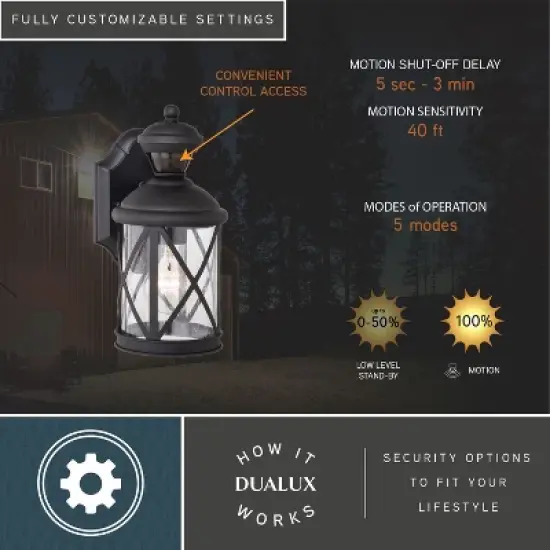 VAXCEL Henderson 1 Light Textured Black Motion Sensor Dusk to Dawn Outdoor Wall Lantern Clear Glass Shade, LED Compatible image {3}