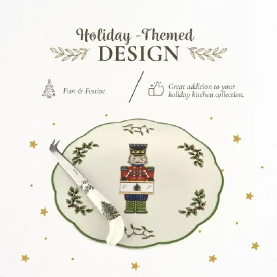 Spode Christmas Tree Nutcracker Cheese Platter with Knife - 9" Porcelain Holiday Serving Tray for Charcuterie - Dishwasher & Microwave Safe image {2}
