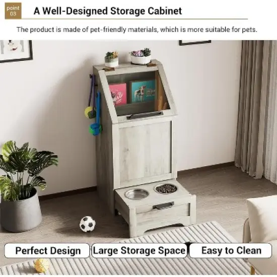 90cm Pet Feeder Station Cabinet, Flip-Top Dog Food Storage with 2 Raised Stainless Steel Bowls, Pet Toy Organizer for Large/Medium/Small Pets image {4}