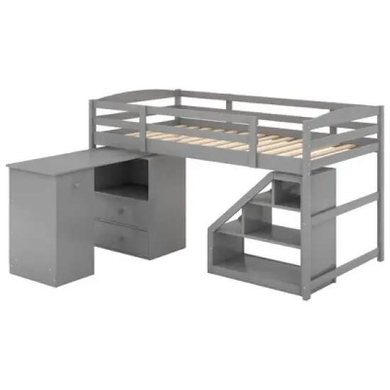 Twin Size Loft Bed with Multifunctional Movable Built-in Desk and Staircase-ModernLuxe image {3}