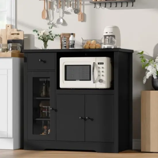 Whizmax Microwave Cabinet, Modern Buffet with Glass Doors & Adjustable Shelf, Wooden Sideboard with Storage Drawers & Wide Top for Dining/Living Room image {7}