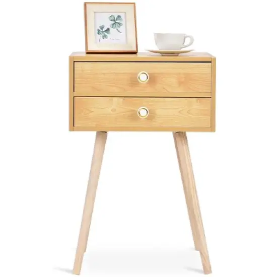 Costway Mid Century Modern 2 Drawers Nightstand In Natural Sofa Side Table End Table image {11}