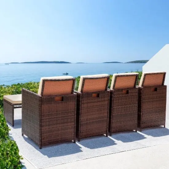 5pc Outdoor Wicker Conversation Set with Rattan Chairs & Ottomans & Tempered Glass Tables - Devoko
 image {3}