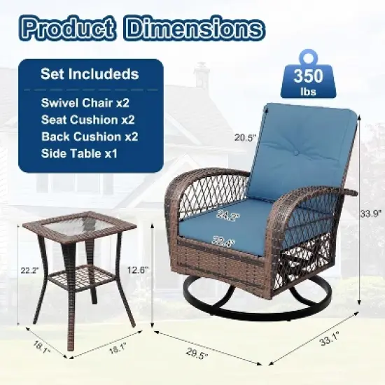 3 Pieces Outdoor Swivel Patio Rocking Chairs, Outdoor Wicker Patio Furniture, 2 Glider Chairs & Side Table, for Backyard, Garden, Balcony, Deck image {1}