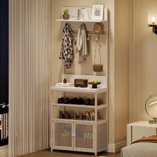 72.8" White Narrow Entryway Coat Rack w/ Doors & Shoe Storage - 7-Hook Hall Tree Organizer for Mudroom, Bedroom & Closet image {4}