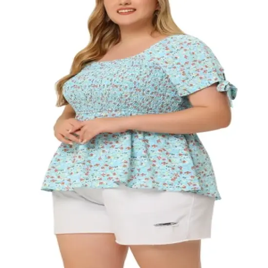 Agnes Orinda Women's Plus Size Floral Square Neck Smocked Bow Tie Short Sleeve Peplum Blouse image {1}