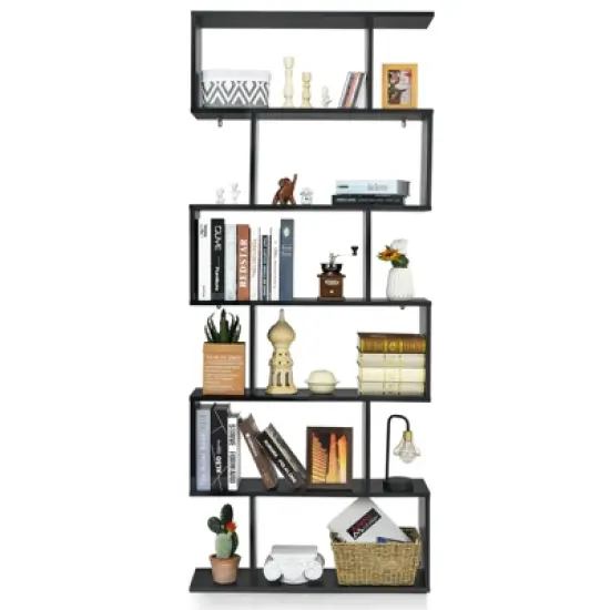 Tangkula 6-Tier S-Shaped Wooden Bookshelf Storage Bookcase Multifunctional  Display Stand Shelf image {9}