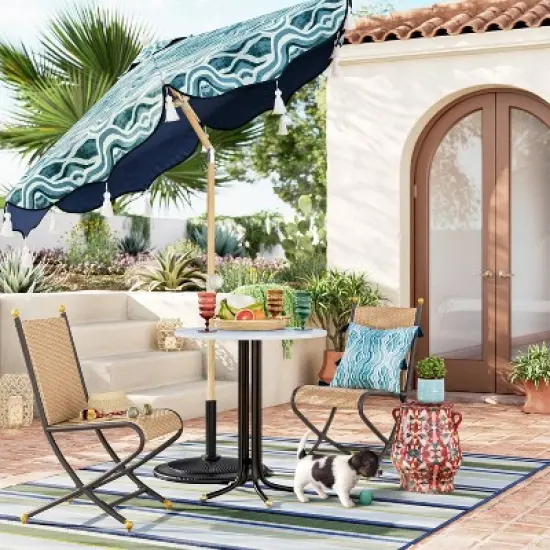 7.5'x7.5' Decorative Trim Scalloped Outdoor Market Umbrella Blue - Opalhouse&trade; designed with Jungalow&trade; image {1}