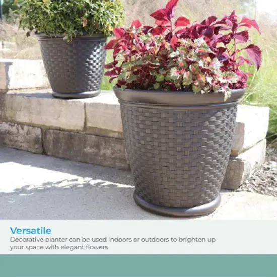 Suncast Sonora 22 Inch Resin Wicker Indoor or Outdoor Decorative Garden Flower Planter for Entryways and Backyard Patios, Dark Brown image {5}