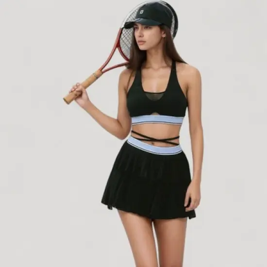 Anna-Kaci Active Women's Athletic Pleated Mini Skirt with Double Layer Mesh Design and Contrast Waistband image {1}