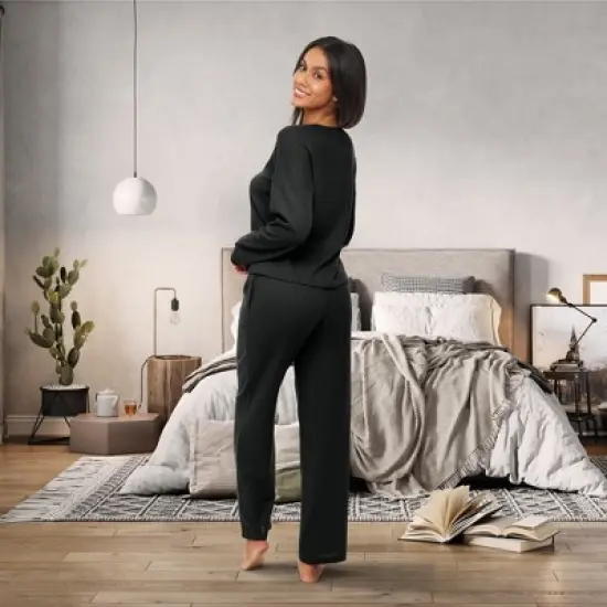 Women's Soft Ribbed Waffle Rib Knit Henley Pajamas Lounge Set, Lounge Sleeve Top and Pants with Pockets, Drawstring image {2}