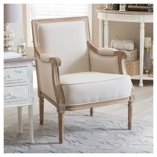Chavanon Wood & Linen Traditional French Accent Chair Light Beige - Baxton Studio image {4}