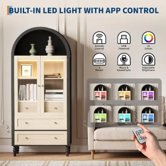 CuisinSmart 70'' Arched Cabinet with Glass Doors, 3 Storage Drawers & Adjustable Shelf, Freestanding Wooden Pantry Cabinet for Living Room, Bedroom image {3}