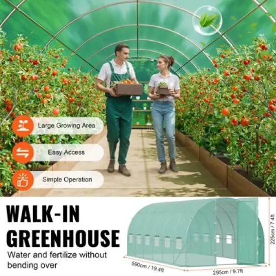 VEVOR Walk-in Tunnel Greenhouse, 19.4x9.7x7.4 ft Hoop House Greenhouse Tunnel with Galvanized Steel Frame, PE Cover, Swing Door, 12 Roll-up Windows image {6}