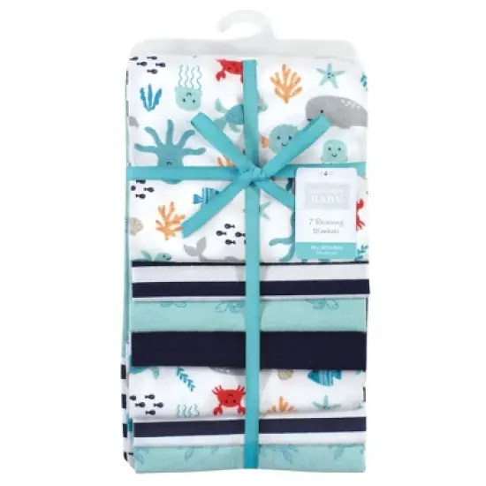 Hudson Baby Infant Boy Cotton Flannel Receiving Blankets Bundle, Sea Characters, One Size image {1}