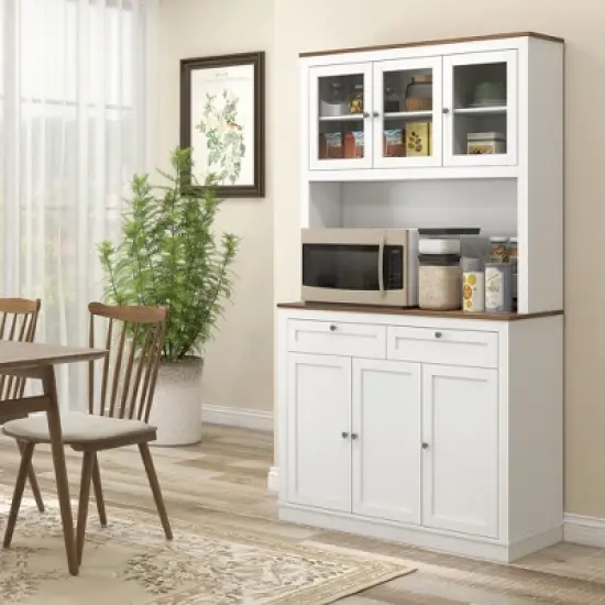 HOMCOM 71" Tall Kitchen Pantry Storage Cabinet with 2 Drawers, Microwave Cabinet with Adjustable Shelves and Glass Doors, White image {2}