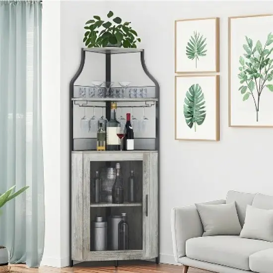CuisinSmart Corner Wine Bar Cabinet with Detachable Wine Rack, Bar Cabinet with Glass Holder, Small Sideboard and Buffet Cabinet with Mesh Door image {9}