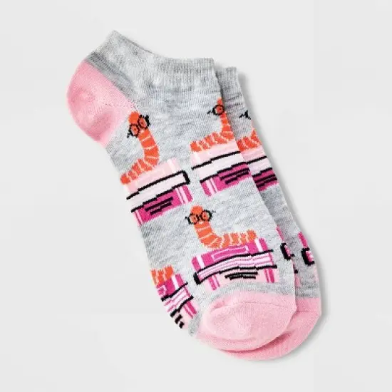 Women's Bookworm Low Cut Socks - Gray/Pink 4-10: Fun Animal Icon, Lightweight, Banded Cuff image {2}