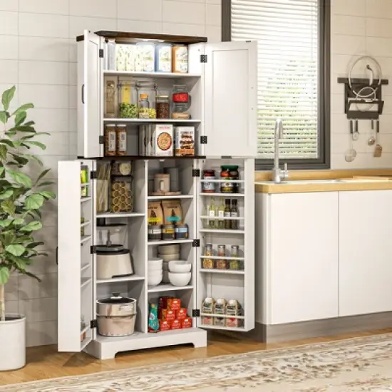 HOMCOM 64" Kitchen Pantry Storage Cabinet with Motion Sensor Light, Spice Racks and Adjustable Shelves, White image {2}