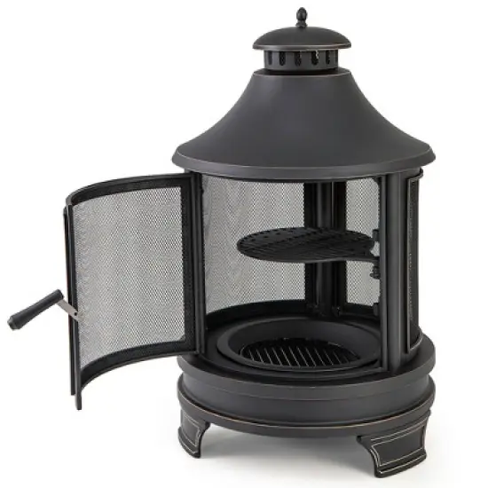 Tangkula 30 Inch Outdoor Fire Pit Chiminea w/ Grill Chimney Spark Screen Door Fire Poker image {9}