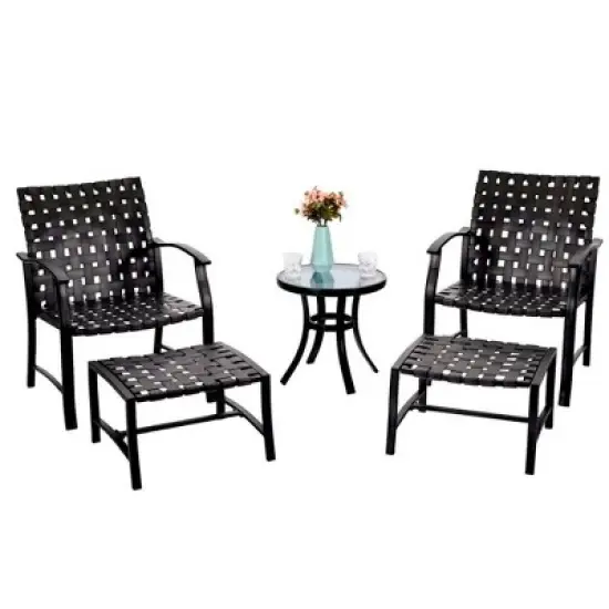 5pc Strap Chairs, Ottomans & Glass Top Side Coffee Table - Captiva Designs image {1}