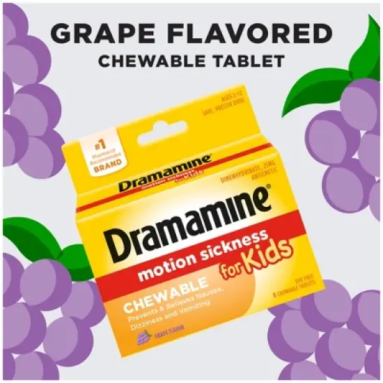 Dramamine Kids Chewable Motion Sickness Relief Tablets for Nausea, Dizziness & Vomiting - Grape -&nbsp; 8ct image {5}