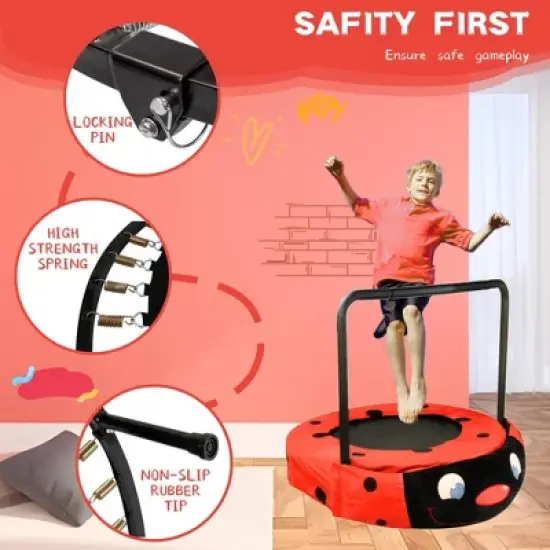 Hachikiko Black & Red Ladybug Foldable Kids Trampoline - Indoor/Outdoor Bouncer for Ages 3-7, Safe Iron Frame image {5}